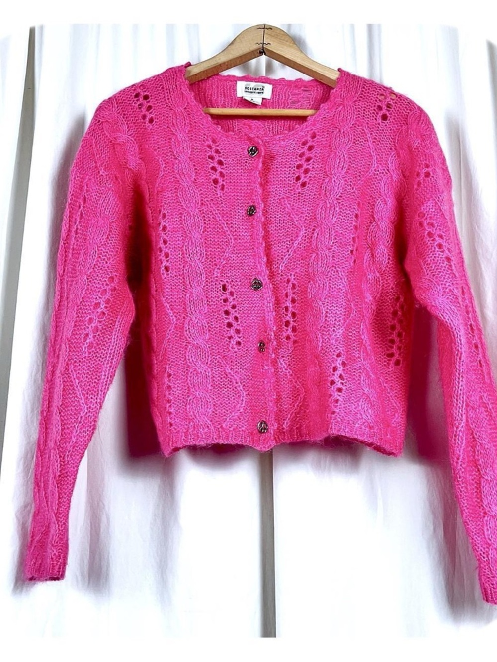 VTG 90s Pink Fuzzy Mohair Open Knit Cropped Cardigan ft peace sign buttons sz M